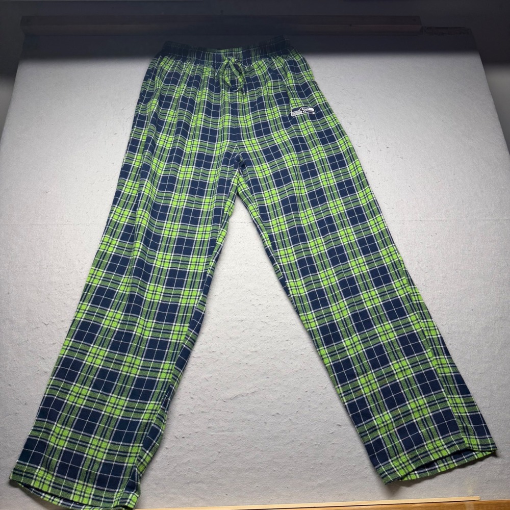 NFL Pajama Pants Mens M Green Blue Seattle Seahawks Plaid Sleepwear Lounge Logo